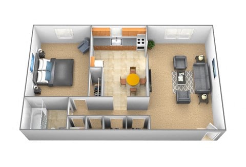 Floor plan for 1 bed, 1 bath, 765 sqft